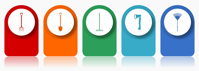 Gardening tools icon set, flat design miscellaneous colorful icons such as fork, shovel, axe and rake for webdesign and mobile applications, infographic vector template in eps 10