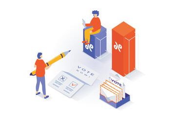 Election and voting concept in 3d isometric design. People vote in democratic elections, choose their political candidate, show exit polls. Vector illustration with isometry scene for web graphic
