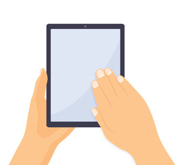 hands holding tablet with blank screen- vector illustration