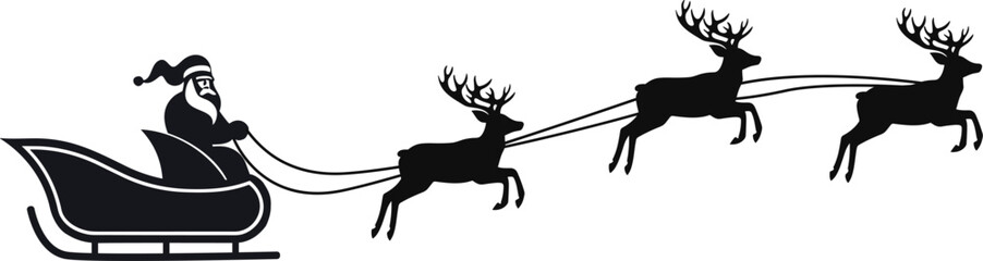 Santa's sleigh with deers black silhouette.Santa claus reindeer sleigh .Christmas flying reindeers.Santa Claus is flying in sleigh.