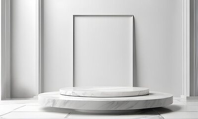 White marble pedestal for product display in front of a frame for product display.