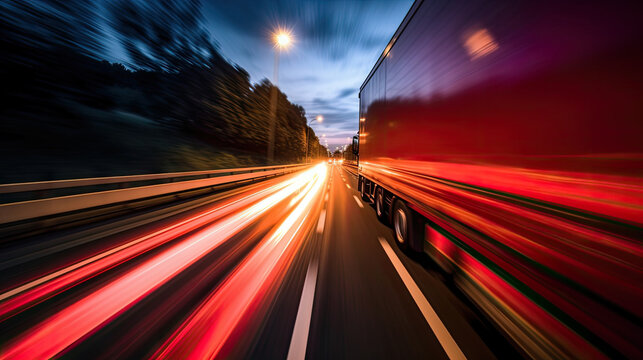 Trucks on highway, street in night time. Motion blur, light trails. Transportation, logistic. Timelapse, hyperlapse of transportation. Abstract soft glowing lines. Ai generative