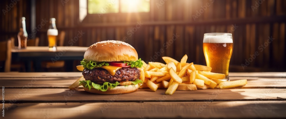 Wall mural Big tasty burger and fries with beer on background on the wooden table