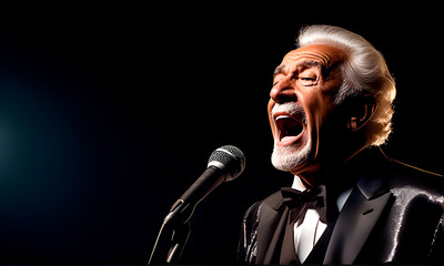 An old man singing opera on a black background with large copy space.
