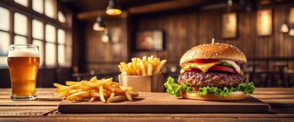 Big tasty burger and fries with beer on background on the wooden table - obrazy, fototapety, plakaty