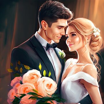 Fairy tale couple in wedding gown, ai generated