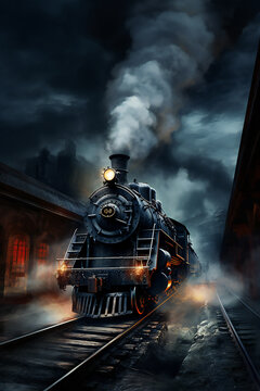 Old steam locomotive surrounded by smoke and steam