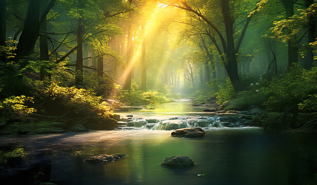 A beautiful stream in the forest, surrounded by emerald green trees and God rays. Pristine, untouched nature concept.