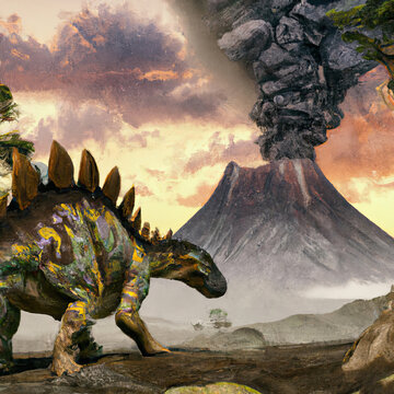 stegosaurus with erupting volcano in background.