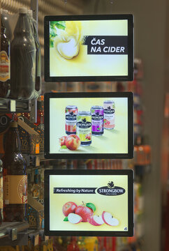 Strongbow Apple Ciders, backlit commercial on July 26, 2023 in Prague, Czech Republic. Refreshing by nature.