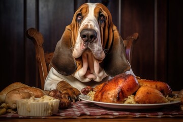 Funny photo of a Basset Hound dog sitting at a table eating a Thanksgiving day meal with turkey and side dishes