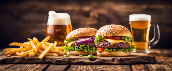 Big tasty burger and fries with beer on background on the wooden table
