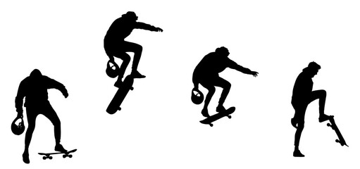 Black silhouettes of skateboarders riding and jumping on skateboards. A set of figures of athletes isolated on a white background. Illustration.