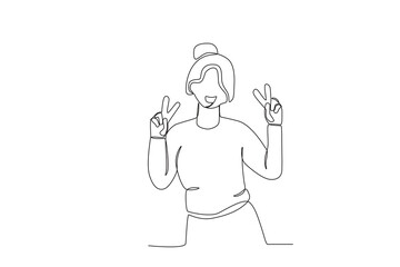 A woman poses a two-finger salute. World smile day one-line drawing