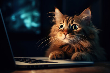 Funny domestic cat pet working on a laptop computer with screen illuminating its face at nighttime