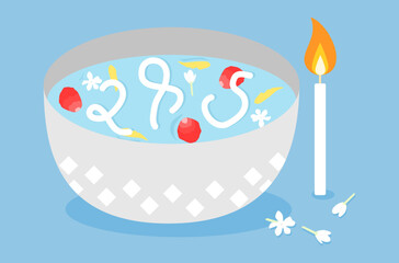 Flat design of candle and candle tear in water bowl. Candle tear number two, number eight and number five in water bowl vector.