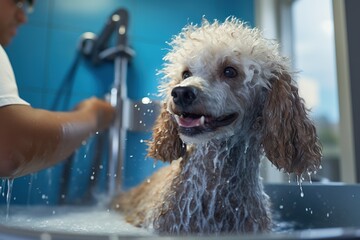 A happy poodle dog in a bathtub being washed by a professional groomer