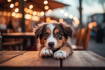 A cute young mixed breed puppy dog sitting in a pet-friendly restaurant outdoor patio with paws on table.