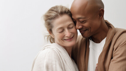 Interracial happy couple in love. Middle-aged .