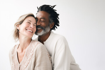 Interracial happy couple in love. Middle-aged .