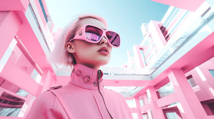 Architect wearing AR glasses, visualizing futuristic pink buildings and infrastructure blending seamlessly with real cityscapes. Futuristic urban architecture Barbie style pink. Banner. Generative Ai