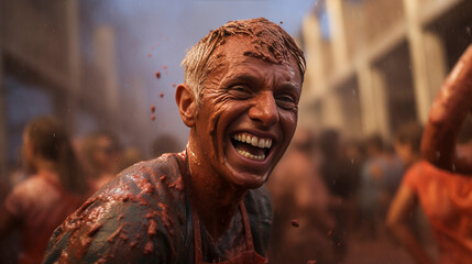 AI generated, male participant of the famous tomatina festival in Valencia, Spain, People throuwing tomatoes. Summer festival. People shouting and laughing. Famous festival with tomato vegetables.