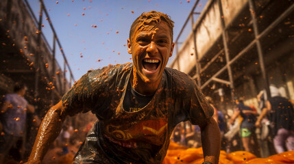 AI generated, male participant of the famous tomatina festival in Valencia, Spain, People throuwing tomatoes. Summer festival. People shouting and laughing. Famous festival with tomato vegetables.