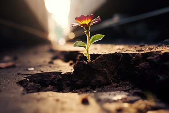 A flower growing from a crack in the abandoned asphalt