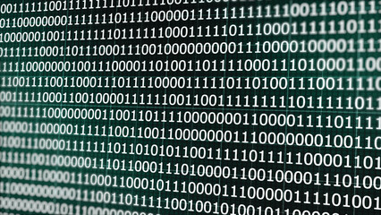 Digital data code binary zeroes and ones bits animation in black and white. Random digital data matrix of binary code numbers isolated on a black background. Technology, coding, or big data concept