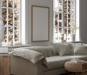 Frame mockup in contemporary minimalist room interior, 3d render