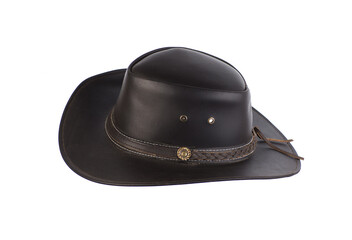vintage black leather cowboy hat isolated on white background