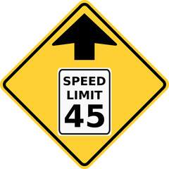Vector graphic of a usa speed limit ahead highway sign. It consists of a black arrow above the speed limit within a black and yellow square tilted to 45 degrees
