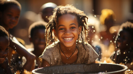 Portrait of a smiling african girl bathing in water from a bowl at Himba village near Etosha National Park in Namibia, Africa. - obrazy, fototapety, plakaty