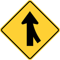 Vector graphic of a usa merge ahead highway sign. It consists of two black arrows merging vertically within a black and yellow square tilted to 45 degrees
