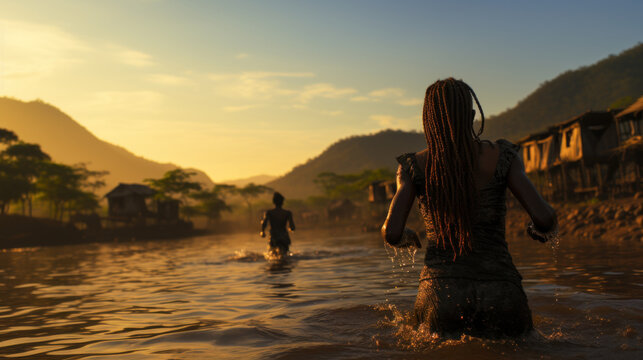 Silhouette of back woman bathing in the river at sunset in west Africa Guinea-Bissau Bijagos islands.