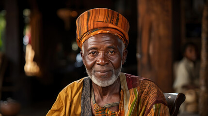 Portrait of a senior african man in traditional clothes at the market Niamey, Niger.