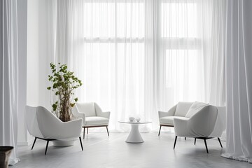 A modern empty white living room's interior design has an empty white wall texture. Generative AI
