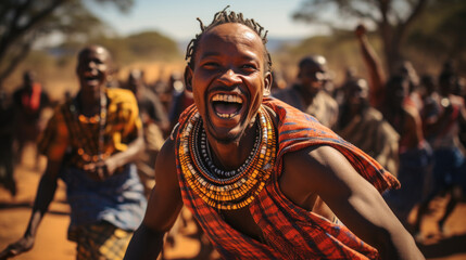 Portrait of a smiling dancing Masai warrior at the Masai Mara, Kenya.