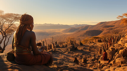 Beautiful young african Himba woman sitting on the top of a mountain Namibia, Africa.