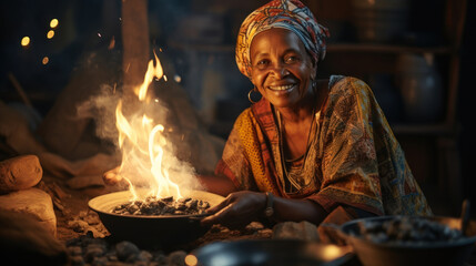 Portrait of a old African woman sitting at the fire in her kitchen. Zanzibar, Tanzania.