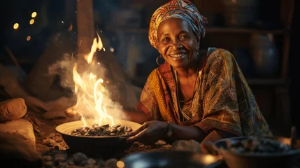 Selbstklebende Fototapete Zanzibar Portrait of a old African woman sitting at the fire in her kitchen. Zanzibar, Tanzania.