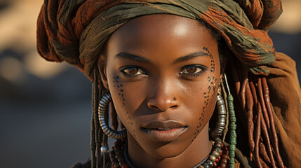Portrait of a beautiful young African woman in traditional clothes and headscarf, Pemba, Mozambique.