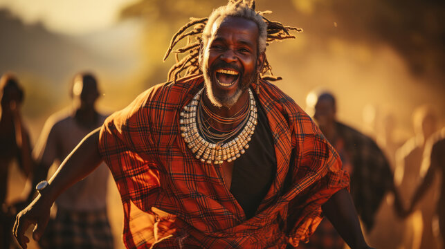 Portrait of happy African Maasai man with dreadlocks dancing.
