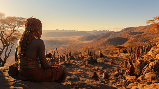 Beautiful young african Himba woman sitting on the top of a mountain Namibia, Africa.