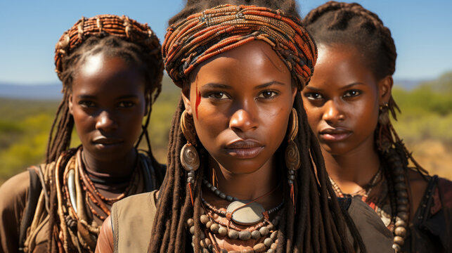 Three young women of the Hamer tribe in the wilderness of Africa.