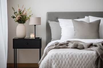 Modern house interior details. Simple cozy bedroom interior with gray bed headboard, linen bedding, bedside table and natural decorations, closeup