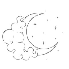Vector line art crescent moon, stars and cloud isolated on white background © Meranna