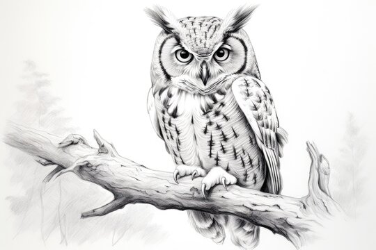 Pencil sketch cute horned owl bird drawing picture