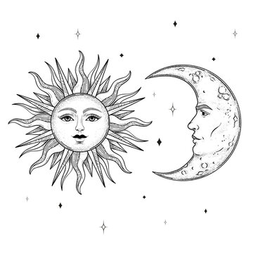 Vector vintage sun and crascent moon with a face, stars, engraving style, esoteric and occult magic signs isolated on white background