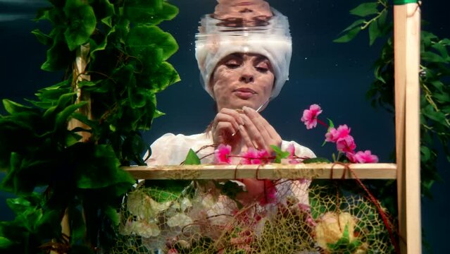 underwater portrait of fabulous fairy sewing flower carpet in garden, beautiful woman actress